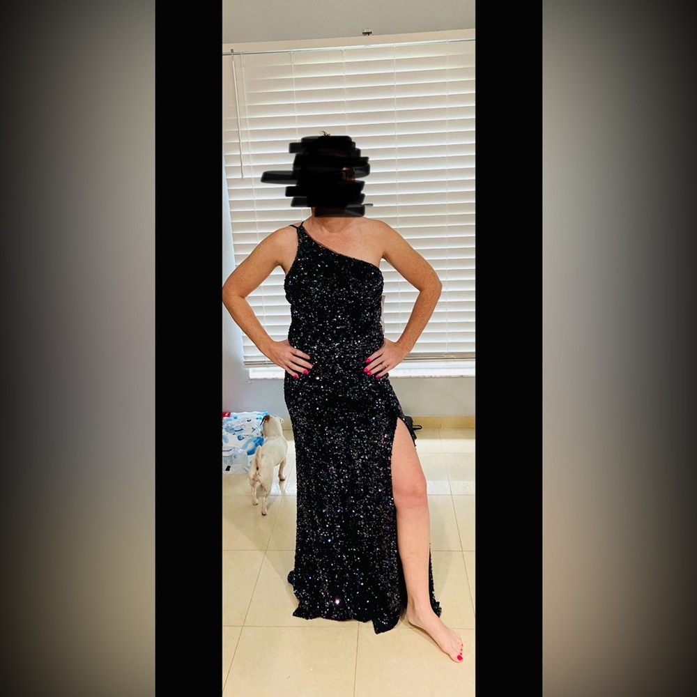 David’s Bridal sequin off the shoulder floor length gown